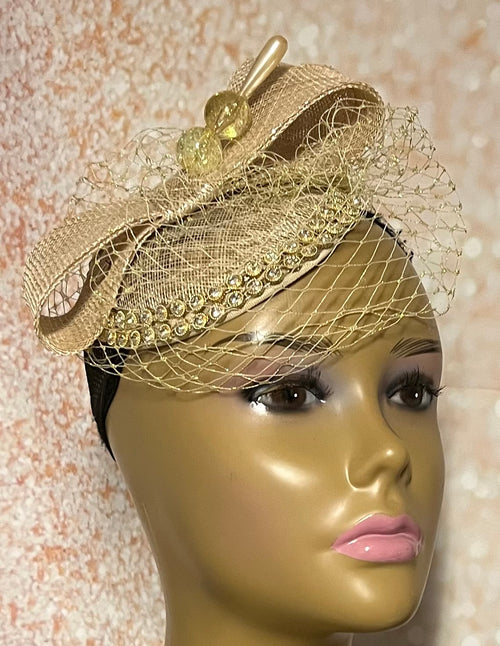 Gold Sinamay Rhinestone Bling Fascinator Half Hat for church, weddings, tea parties and other special occasions