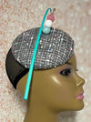 Gray Tweed Fascinator Half Hat, Button Pillbox Hat for Church head covering, Tea Party, Wedding, and other Special Occasions