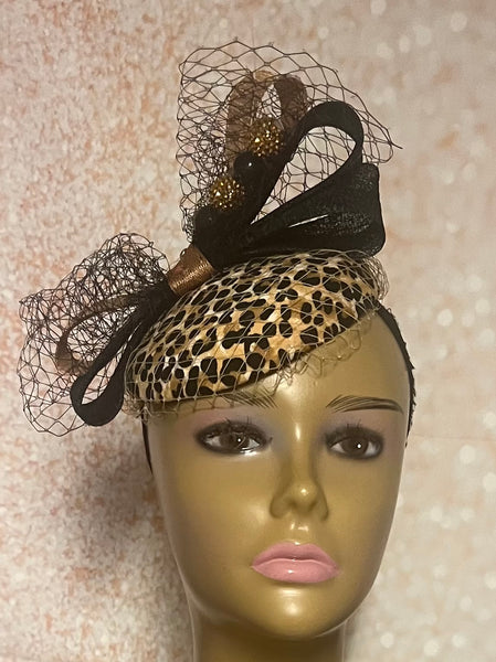 Leopard Small Circular Fascinator Half Hat for Tea Party, Church Head Covering, Wedding and other Special Occasions