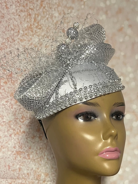 Silver Crystal Rhinestone Bead Teardrop Fascinator Half Hat, Church, Wedding, Tea Party Headpiece