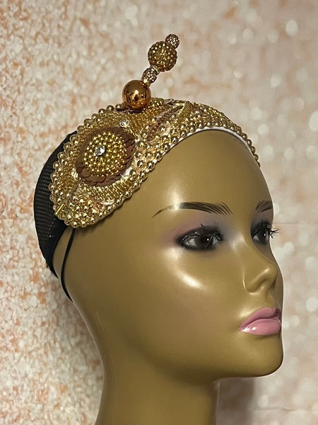 Gold Beaded Sequin Headband-Shaped Fascinator Half Hat for Church, Tea Parties, Weddings and other special occasions