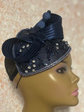 Navy Blue Sinamay Bling Teardrop Half Hat Fascinator for Church Head Covering, Tea Parties, Weddings and Special Occasions