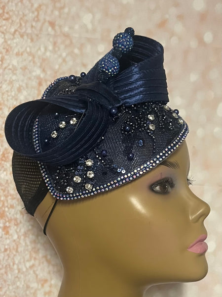 Navy Blue Sinamay Bling Teardrop Half Hat Fascinator for Church Head Covering, Tea Parties, Weddings and Special Occasions