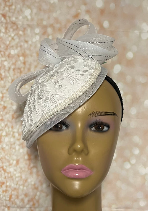 White Pearl Lace Teardrop Fascinator Half Hat, Church Head Covering, Tea Party, Kentucky Derby, Bride Hat, Wedding,  and Special Occasions