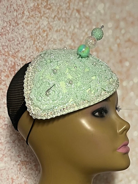 Mint Green Crystal Bead Bling Fascinator | Teardrop Half Hat for Church