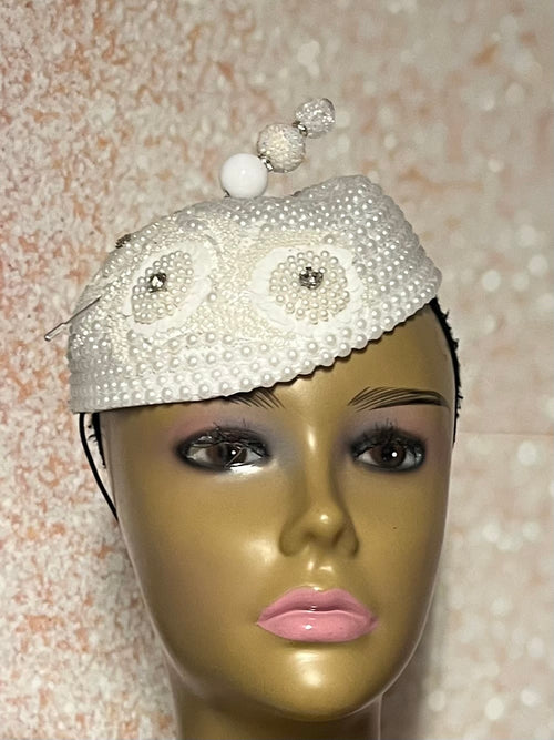 White Beaded Side Folded Asymmetric Hat Fascinator for weddings, church and special occasions, Gift for Mom, Sister, Wife, Her