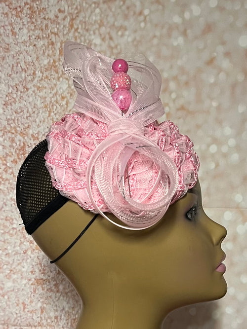 Beautiful Light Pink Fascinator Full Hat for Church head covering, Tea Party, Wedding, and other Special Occasions