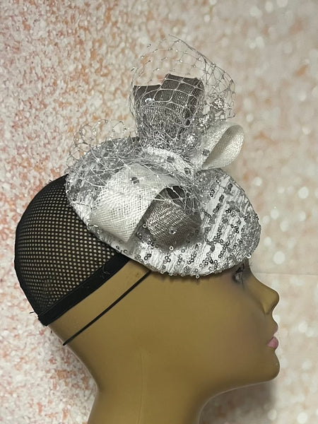 Silver and White Sequin Disc Shiny Bling Fascinator Half Hat for Church, Tea Parties, Weddings and other special occasions