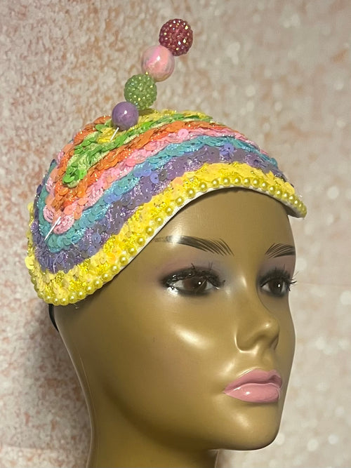 Yellow Pink Green Blue Lavender Orange Multicolor Sequin Teardrop Fascinator Hat, For Church, Tea Party, Wedding and other special occasions