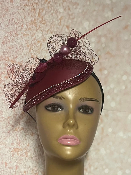 Burgundy Teardrop Flower Fascinator Half Hat for Church, Weddings and other special occasions