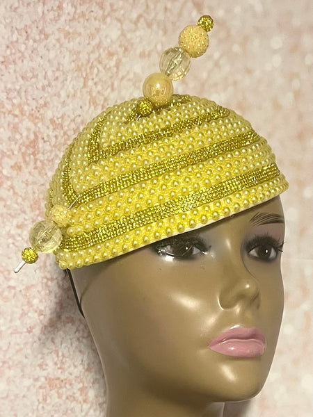 Yellow Beaded Rhinestone Fascinator Half Hat, for Church and Special Occasion