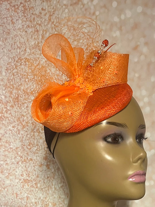 Orange Sinamay Button Half Hat Fascinator for Church Head Covering, Wedding, Tea Party, Mother of the Bride, and Other Special Occasions