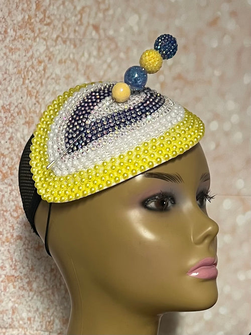 Yellow and Blue Multicolored Beaded Teardrop Fascinator Half Hat, Church Head Covering, Tea Parties, Weddings and other Special Occasions