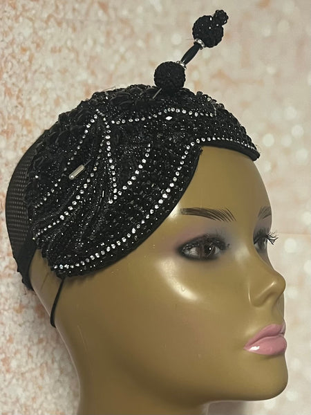 Black Double Cup Beaded Half Hat Fascinator for Church and Special Occasion