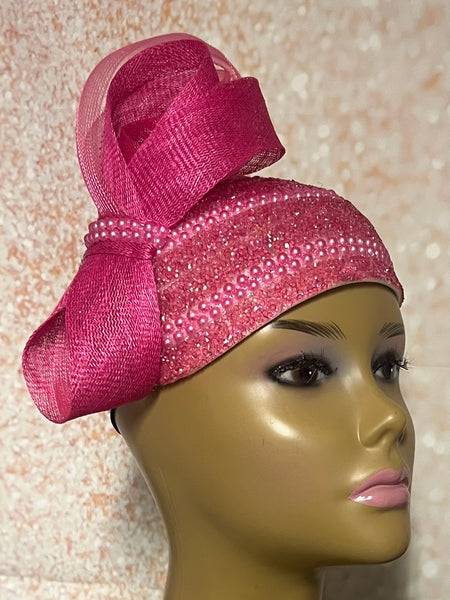 Hot Pink Beaded hat for Church, Magenta Wedding Half Hat for Mother of the Bride, Head Covering, Tea Parties and other special occasions