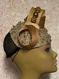 Gold Beaded Teardrop Fascinator Half Hat With Bow for Church, Tea Parties, Weddings and other special occasions