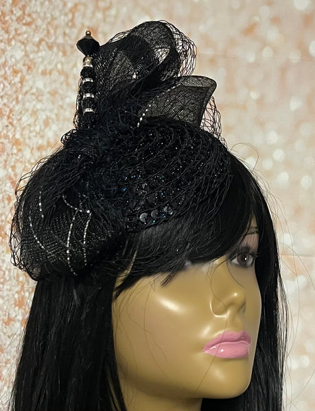 Black Sequin Lace Small Button Fascinator Half Hat for Church Head Covering, Weddings, Tea Parties and  Other Special Occasions