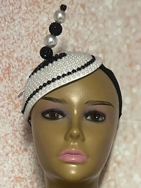 Black and White Bead Fascinator Half Hat for weddings, church and special occasions