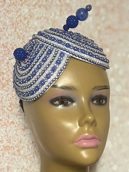 Blue and White Double Cup Beaded Rhinestone Fascinator for Church, Tea Parties, Weddings and Special Occasions