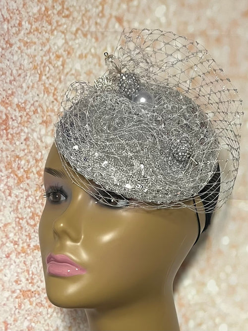 Silver Sequin Disc Shiny Bling Fascinator Half Hat for Church, Tea Parties, Weddings and other special occasions