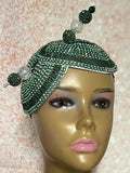 Green Beaded Rhinestone Double Cup Fascinator | Double Teardrop Half Hat for Church