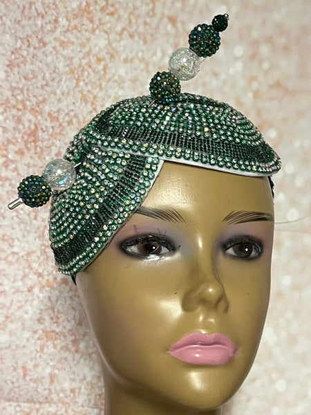 Green Beaded Rhinestone Double Cup Fascinator | Double Teardrop Half Hat for Church