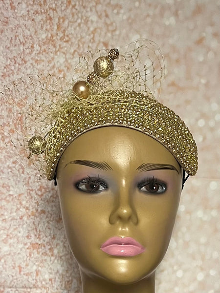 Gold Bead and Rhinestone Headband-Shaped Fascinator Half Hat for Church, Tea Parties, Weddings and other special occasions
