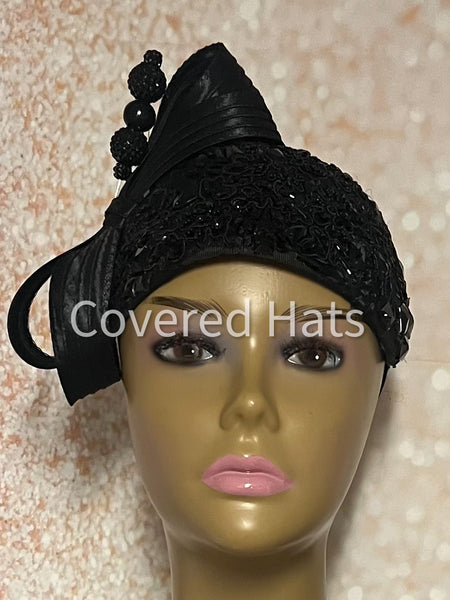 Black Beaded Half Hat Fascinator for Church and Special Occasion Headwear
