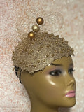 Gold Beaded Fascinator Half Hat for Church, Tea Parties, Weddings and other special occasions