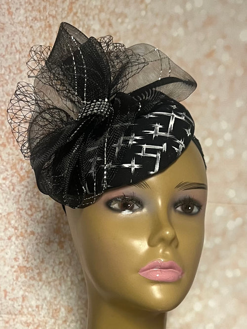 Black and White Patterned Fascinator Half Hat for Church Head Covering, Tea Party, Wedding and Other Special Occasions