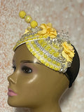 Yellow Rhinestone Beaded Flower Double Cup Fascinator, Double Teardrop Church Special Occasion Half Hat