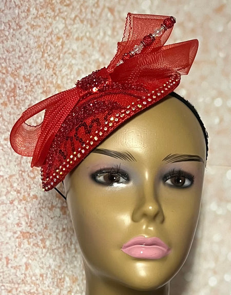 Red Cocktail Fascinator Church Half Hat, Beaded Lace Tea Party Hat, Mother of the Bride Wedding Hat, Perfect Gift for Mom and Wife