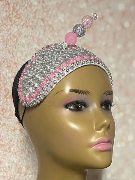 Pink and Silver Beaded Fascinator Half Hat, Church Head Covering