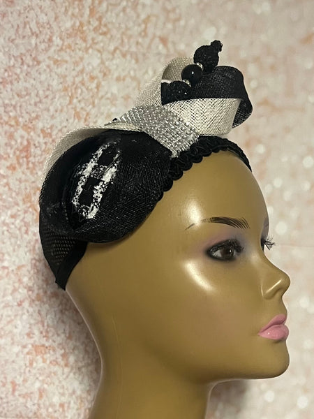 Black and White Houndstooth Tweed Headband Fascinator Half Hat for Church Head Covering, Tea Party, Wedding and Other Special Occasions