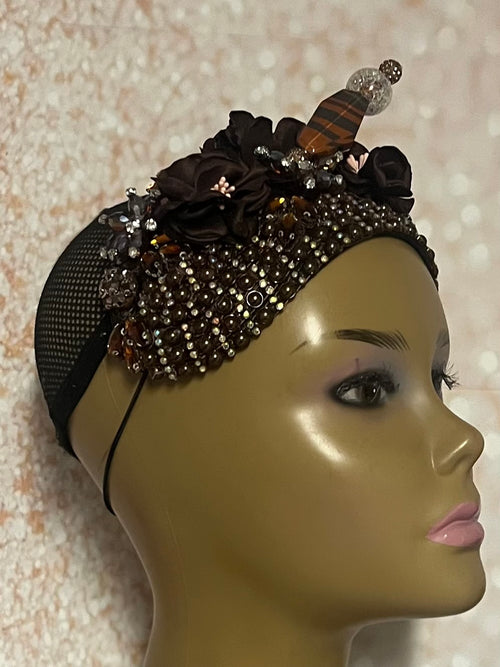 Brown Flower Beaded Rhinestones Headband-Shaped Fascinator Half Hat for Church, Tea Parties, Weddings and other special occasions
