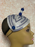 Blue and Silver Bling Teardrop Fascinator Half Hat for Church head covering, Tea Party, Wedding, and other Special Occasions