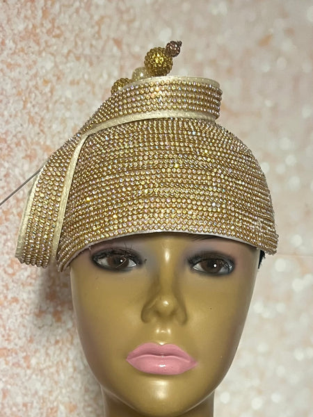 Gold Rhinestone Bling Fascinator Half Hat for Church, Tea Parties, Weddings and other special occasions