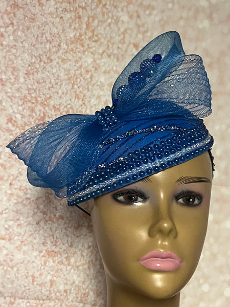 Blue Beaded Teardrop Fascinator Half Hat, Sky Blue Church and Special Occasion Headpiece