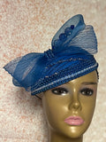 Royal Blue Beaded Fascinator hat with bow for church, tea parties and special occasions