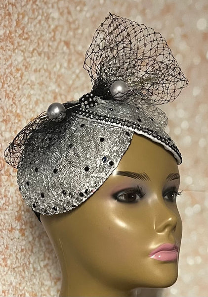 Silver Sinamay Mesh Bling Fascinator Half Hat for Church, Tea Parties, Weddings and other special occasions
