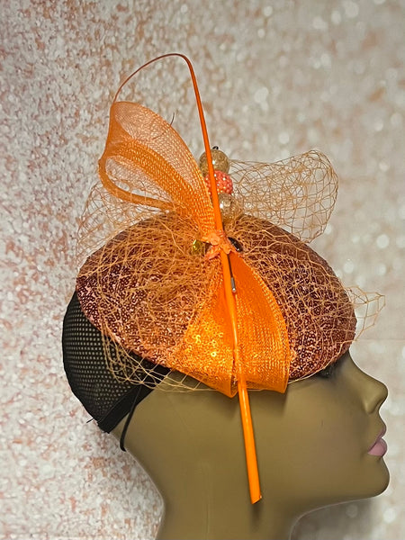 Orange Sequin Half Hat Fascinator for Church Head Covering, Wedding, Tea Party, Mother of the Bride, and Other Special Occasions