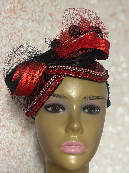 Red Black Double Cup Half Hat Fascinator for weddings, church and special occasions, Gift for Mom, Sister, Wife, Her