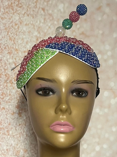 Blue Pink Green Multicolor Beaded Double Cup Fascinator, Handmade Church Headwear and Special Occasions