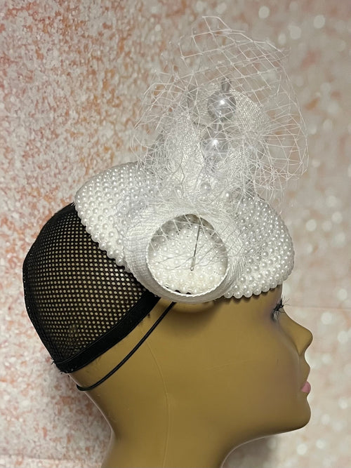 White Beaded Pearl Button Half Hat Fascinator for weddings, church and special occasions, Gift for Mom, Sister, Wife, Her