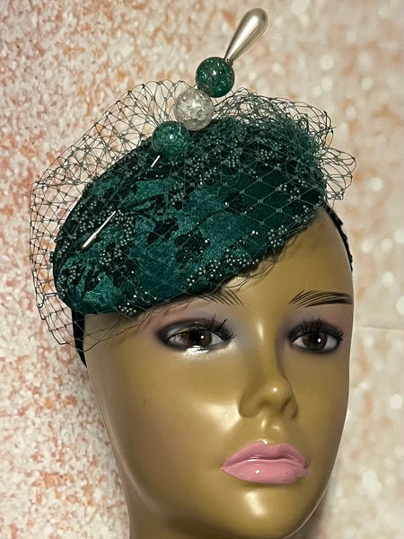 Green Satin Flower Fascinator Half Hat for Church Head Covering, Headwear, Tea Parties, Weddings and other Special Occasions