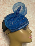 Royal Blue Beaded Fascinator hat with bow for church, tea parties and special occasions
