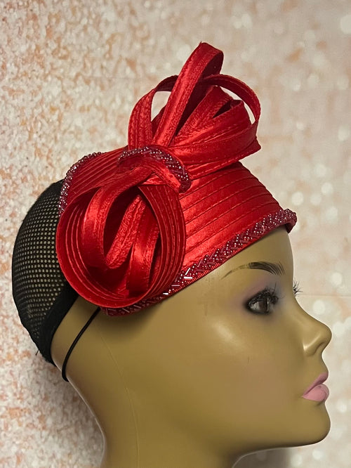 Red Satin Fascinator Half Hat for Church, Tea Parties, Weddings and other special occasions