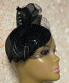 Black Sequin Lace Small Button Fascinator Half Hat for Church Head Covering, Weddings, Tea Parties and  Other Special Occasions