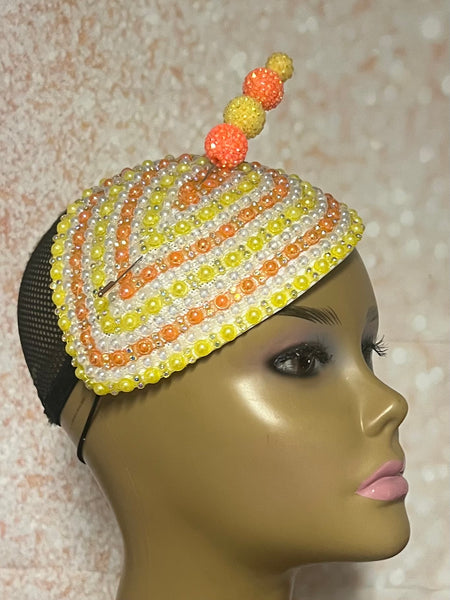 Orange and Yellow Bead Multicolor Fascinator | Teardrop Half Hat