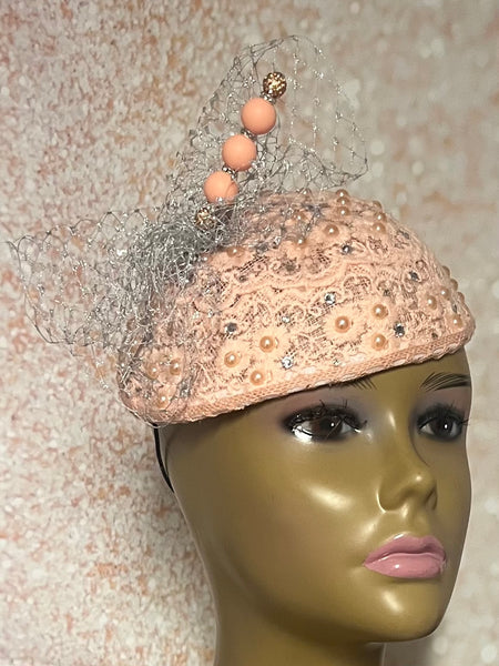 Peach Lace Fascinator Half Hat, Weddings, Church, Tea Parties, and other Special Occasions